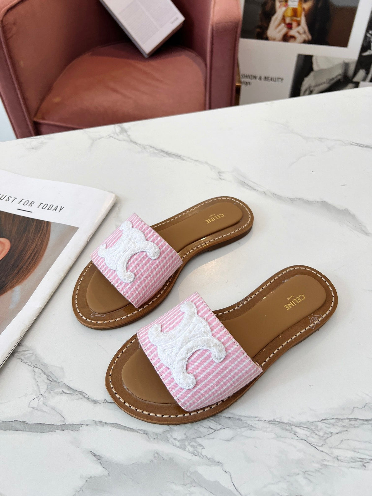 Celine 25C Slippers Pink mix White Fabric with Calfskin 238164