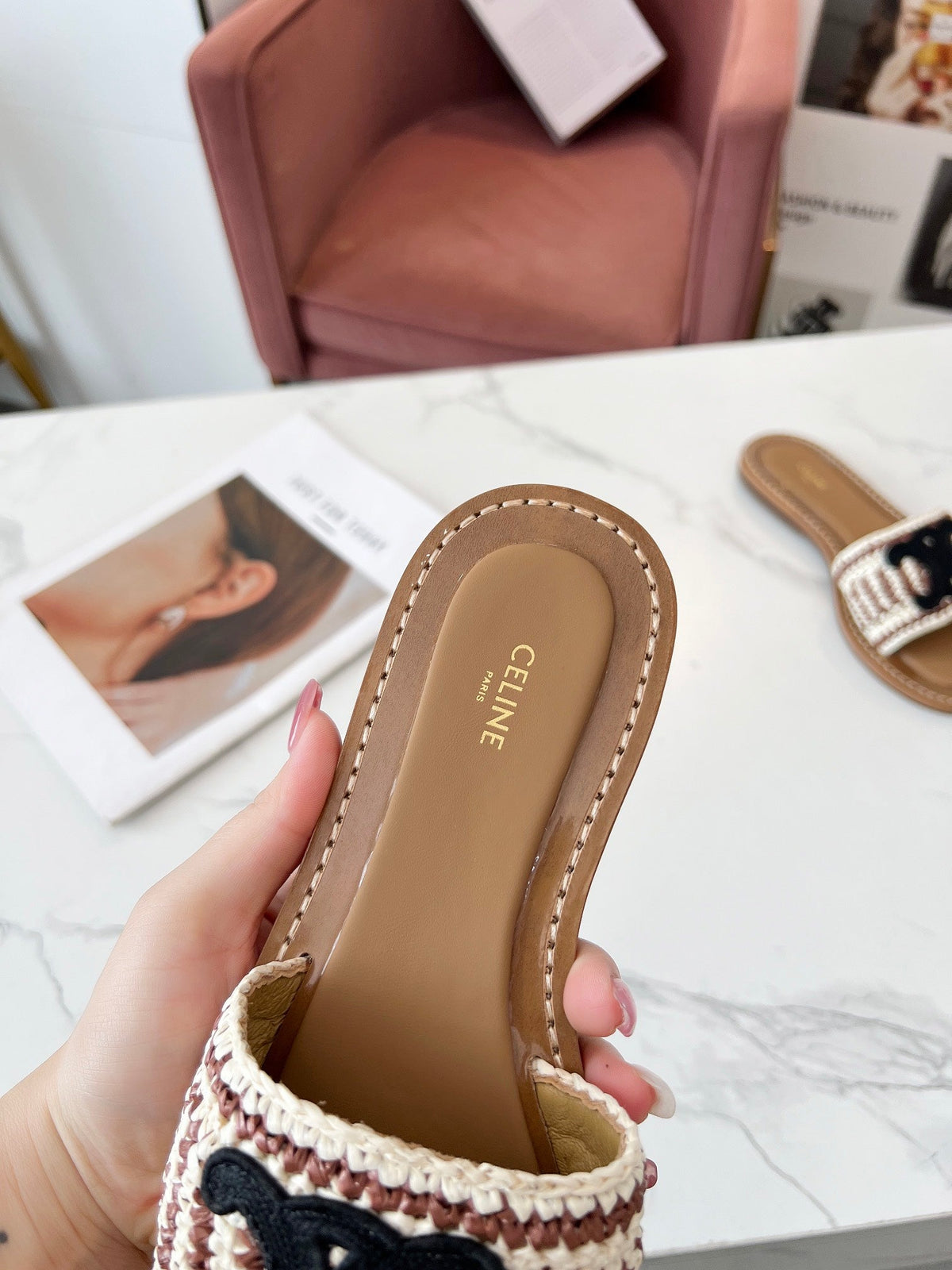 Celine 25C Slippers Beige mix Black Fabric with Calfskin 238158
