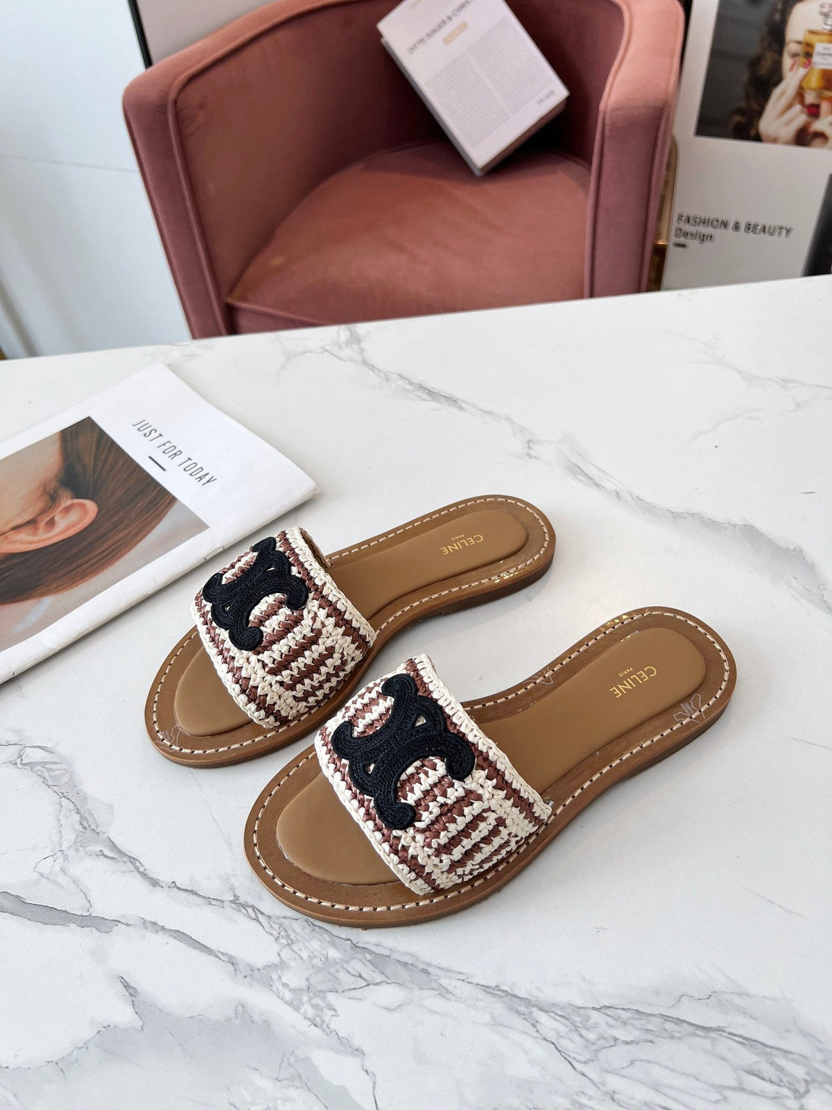 Celine 25C Slippers Beige mix Black Fabric with Calfskin 238158