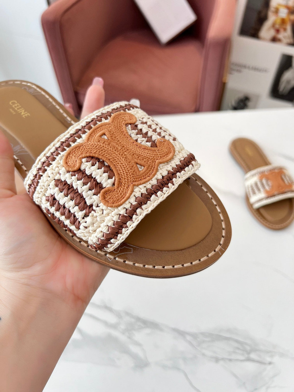 Celine 25C Slippers Beige mix Cantaloupe Fabric with Calfskin 238159