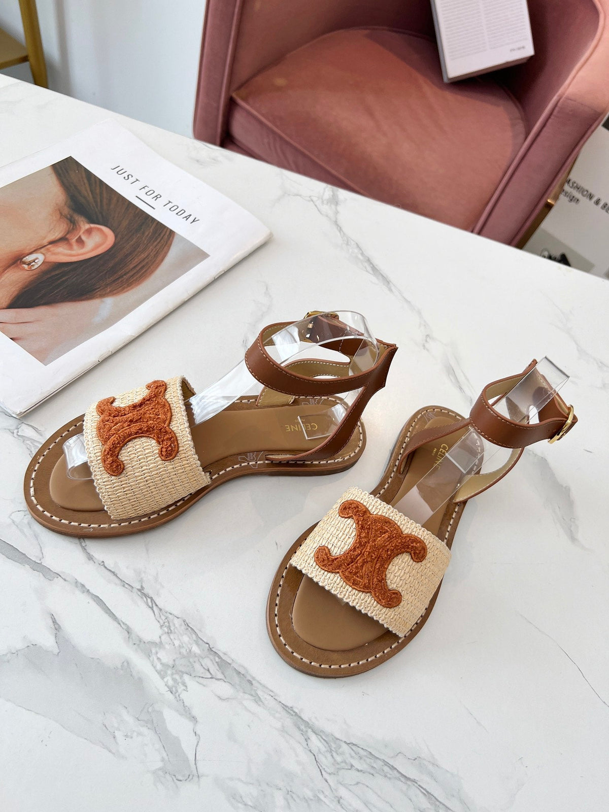 Celine 25C Lympia Sandal Beige mix Brown Fabric with Calfskin 238162