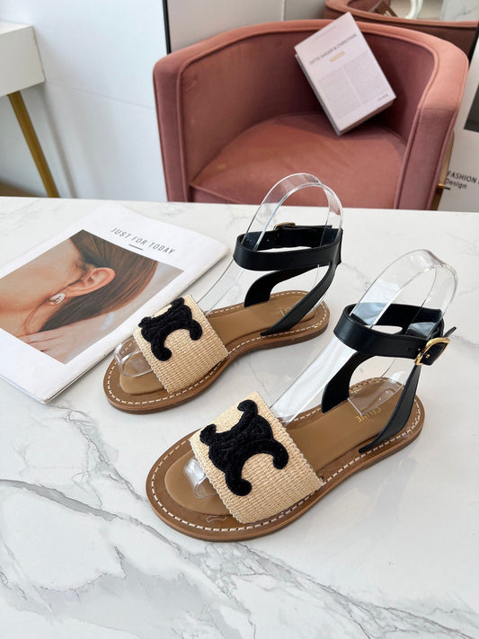 Celine 25C Lympia Sandal Beige mix Black Fabric with Calfskin 238163