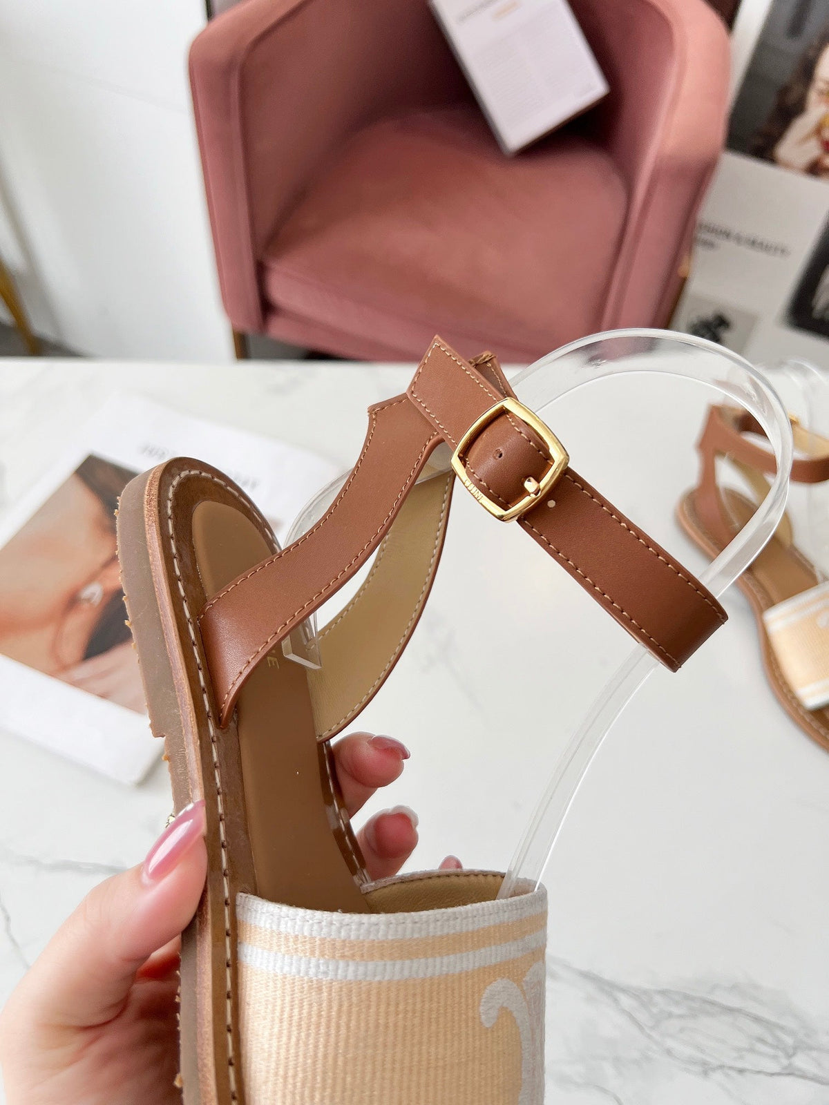 Celine 25C Lympia Sandal Cream with White Canvas with Calfskin 238172