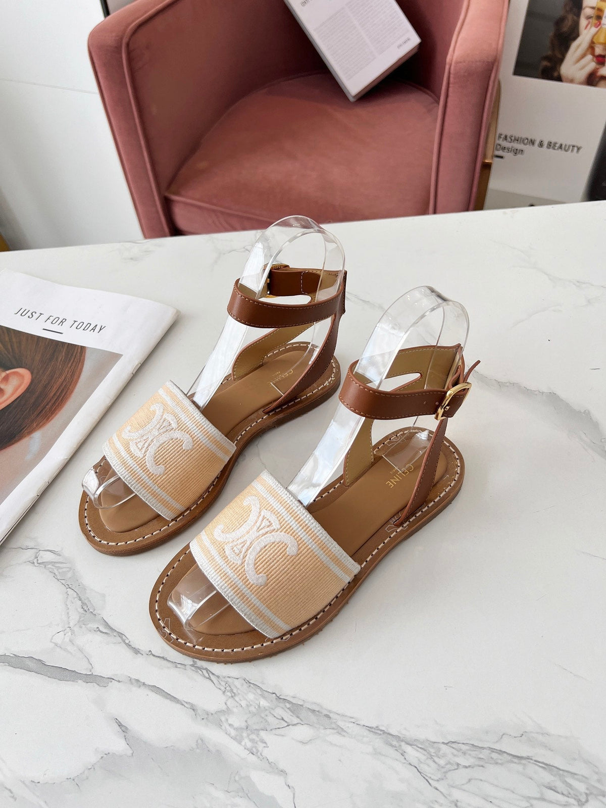 Celine 25C Lympia Sandal Cream with White Canvas with Calfskin 238172