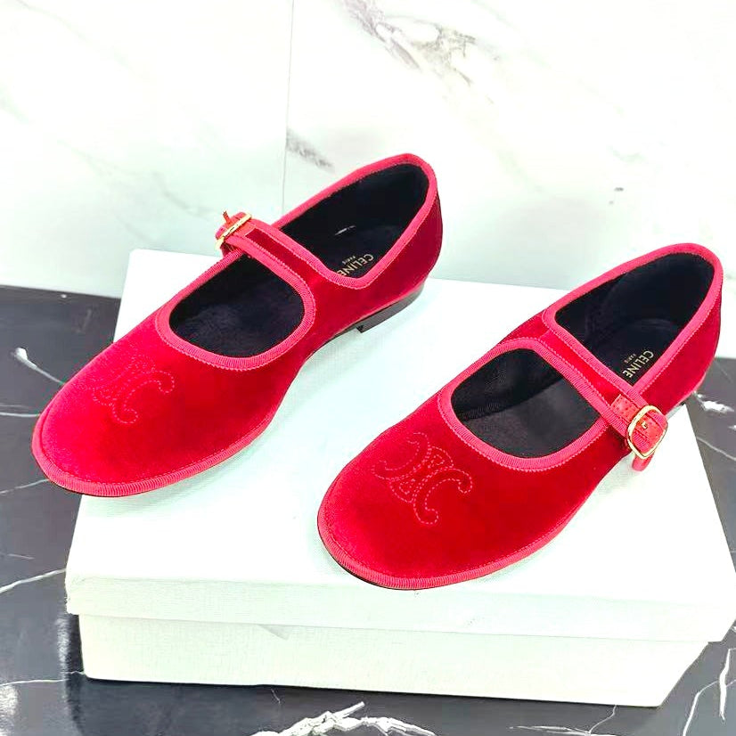 Celine 25 Eve Triomphe Ballet Flat Red Velvet 547725