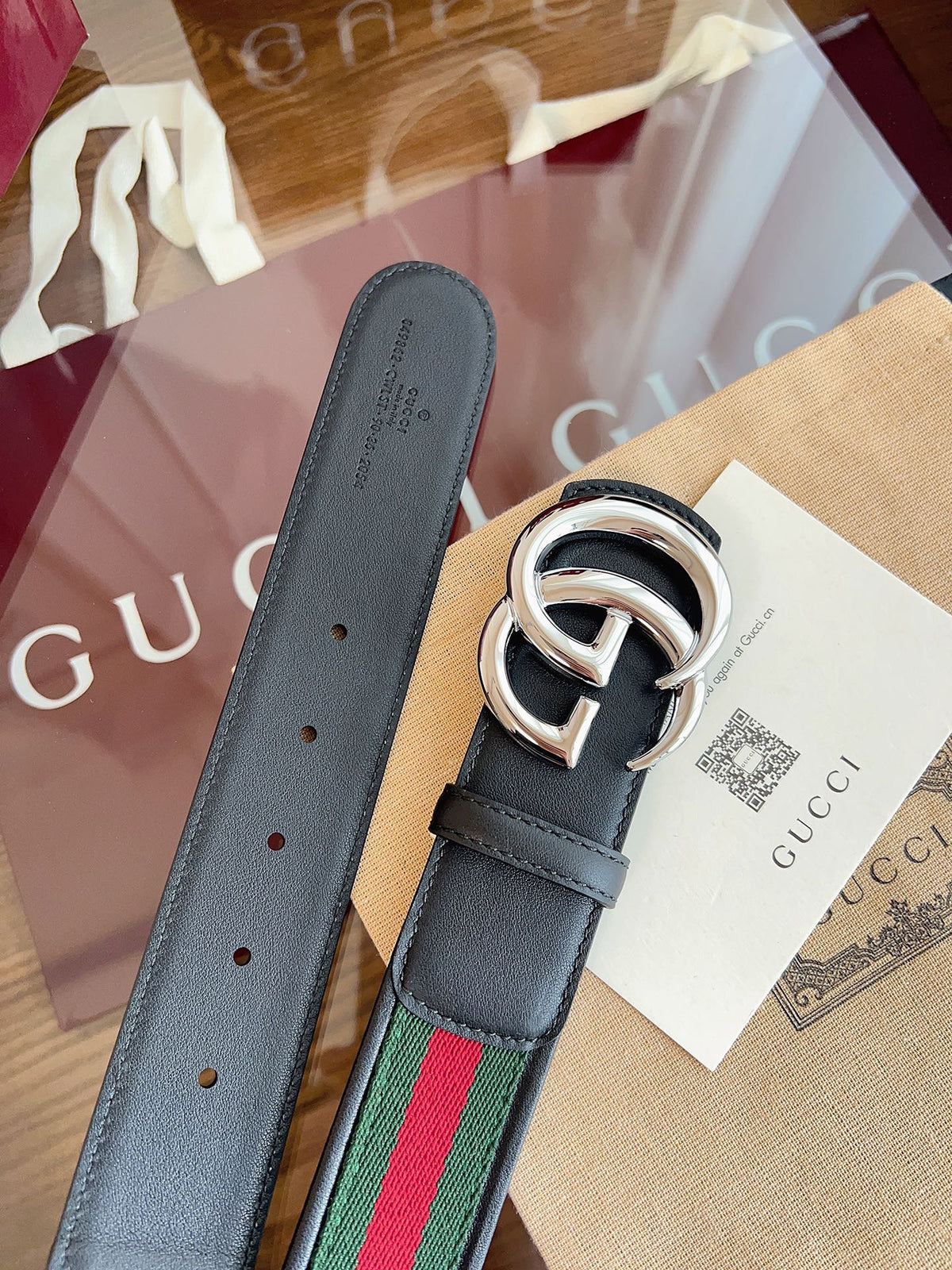 Gucci Belt Double GSliver Buckle 40mm Black Leather With Green Red Canvas