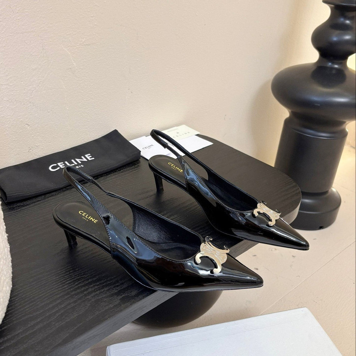 CELINE Alma Triomphe Slingback Black Patent Calfskin 235705