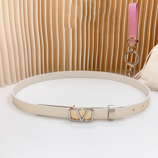 VALENTINO Gold Vlogo and Silver Hardware Buckle Gold White Calfskin 20mm