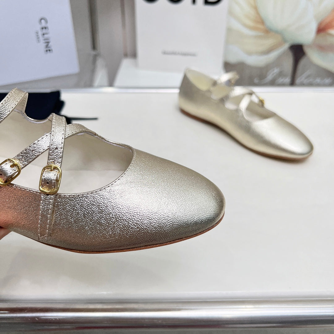 BALLET FLAT WITH CROSSOVER STRAP IN LIGHT GOLD LAMBSKIN