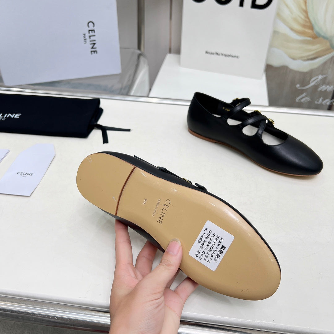 BALLET FLAT WITH CROSSOVER STRAP IN BLACK LAMBSKIN