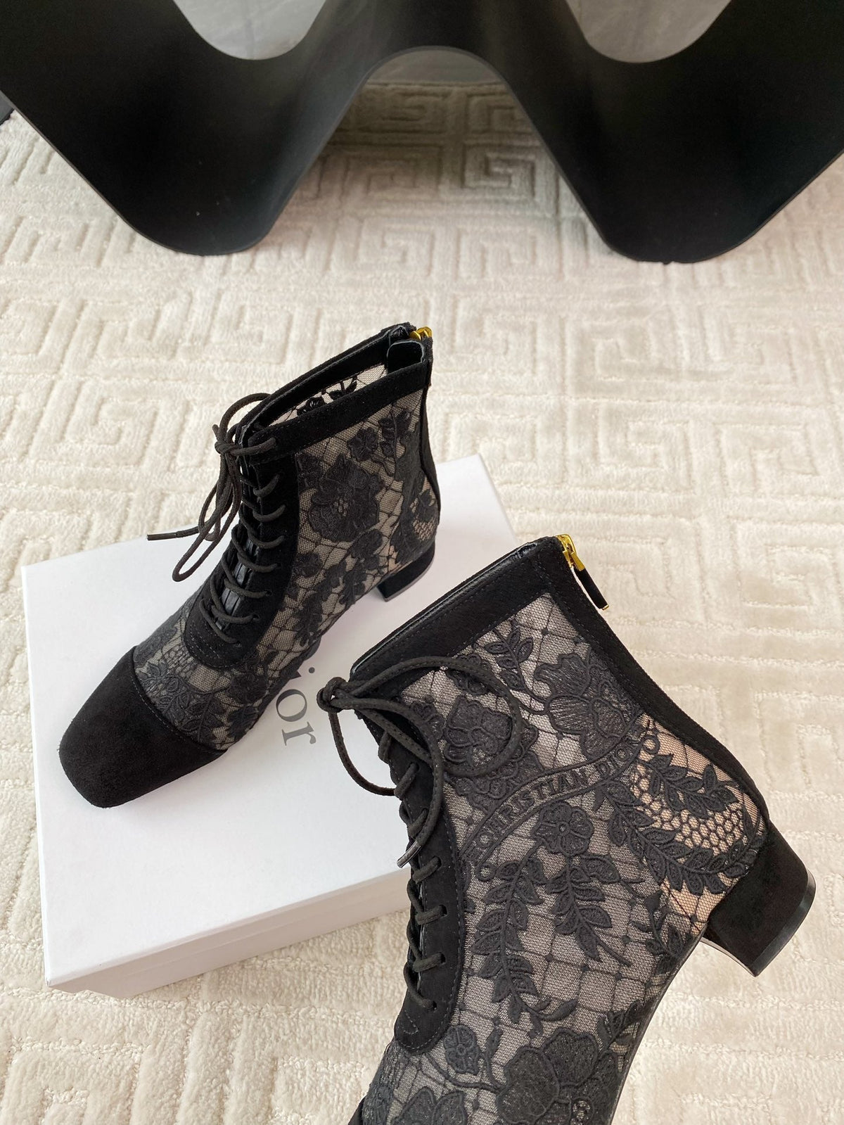CD Naughtily-D Heeled Ankle Boot Black Transparent Mesh Roses Embroidery And Suede
