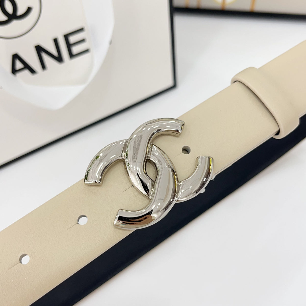 CHANEL DOUBLE C BELT 30MM IN BEIGE CALFSKIN WITH SHINY SILVER BUCKLE