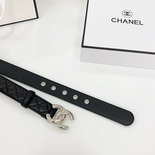 CHANEL DOUBLE C BELT 30MM IN BLACK QUILTED LEATHER WITH SILVER BUCKLE