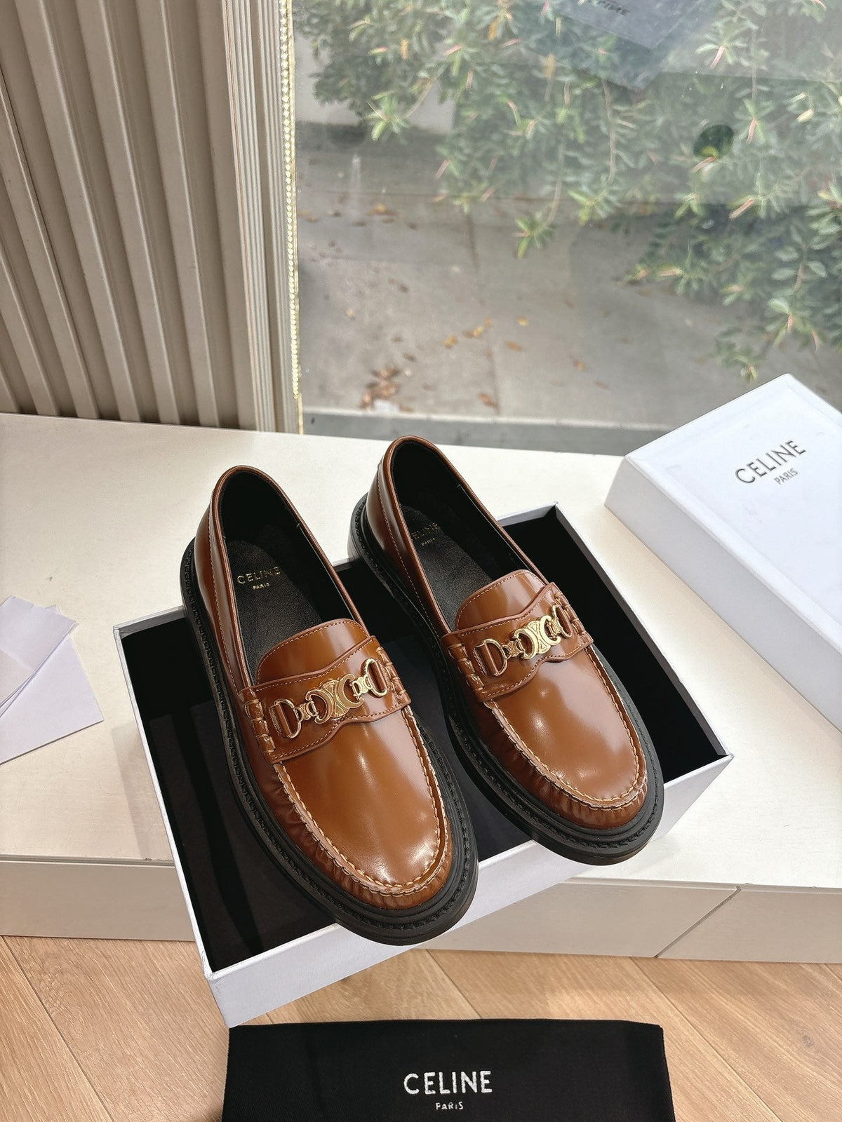 CELINE Buckle Triomphe Loafers Golden Leather 285955