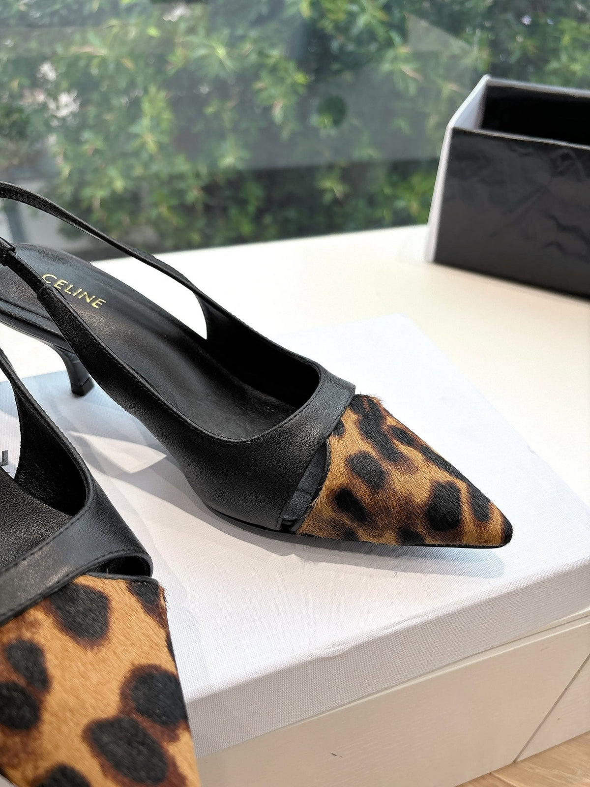 CELINE Slingback Leopard Black Leather 285983