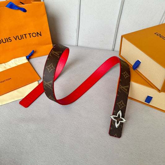 LOUIS VUITTON LV MINI FLOWERGRAM 30MM REVERSIBLE BELT IN CHERRY RED CALFSKIN SILVER HARDWARE