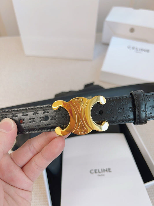 CELINE 25S BELT TRIOMPHE 25MM IN BLACK CALFSKIN DEBOSSED LOGO 563328