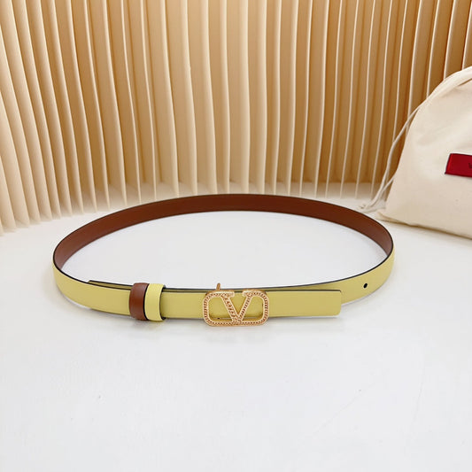 VALENTINO Vlogo Buckle Water Wave Gold Copper Glossy Brown Yellow Leather 20mm Belt