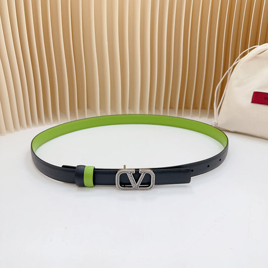 VALENTINO Vlogo Buckle Water Wave Silver Copper Glossy Green Black Leather 20mm Belt
