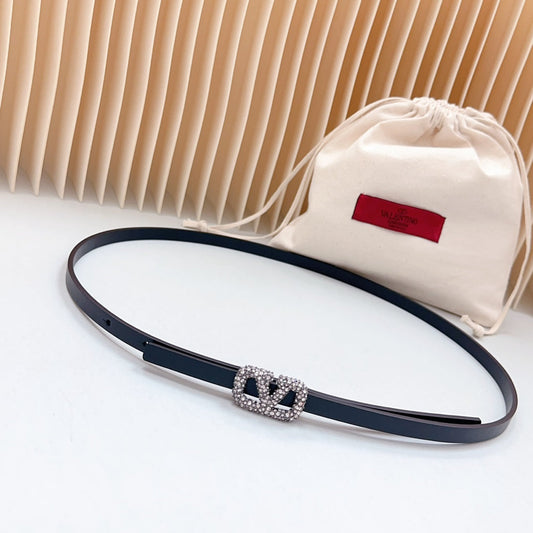 VALENTINO VL Belt 8mm Buckle Silver Diamond Leather Black