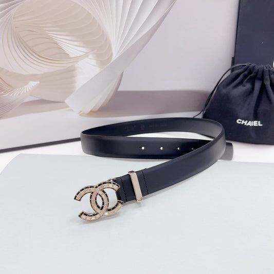 CHANEL 30MM BELT IN BLACK SMOOTH CALFSKIN METAL LOGO