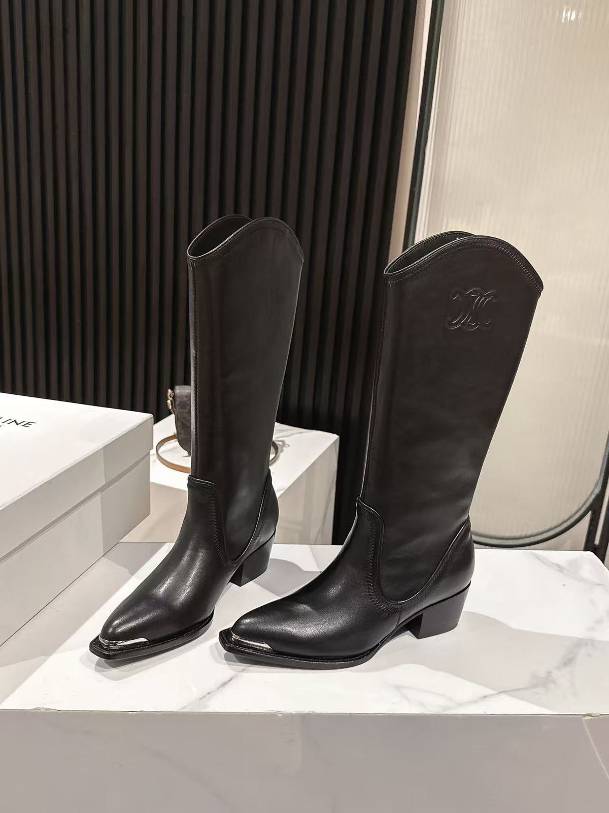 CELINE 25 Mid Calf Cowboy Boots Black Calfskin
