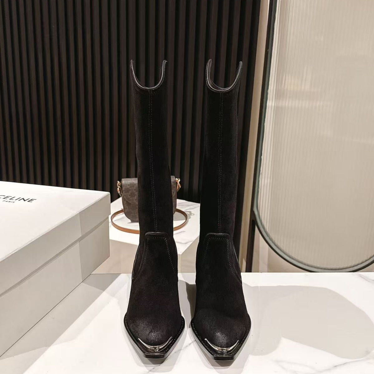 CELINE 25 Mid Calf Cowboy Boots Black Suede 434426