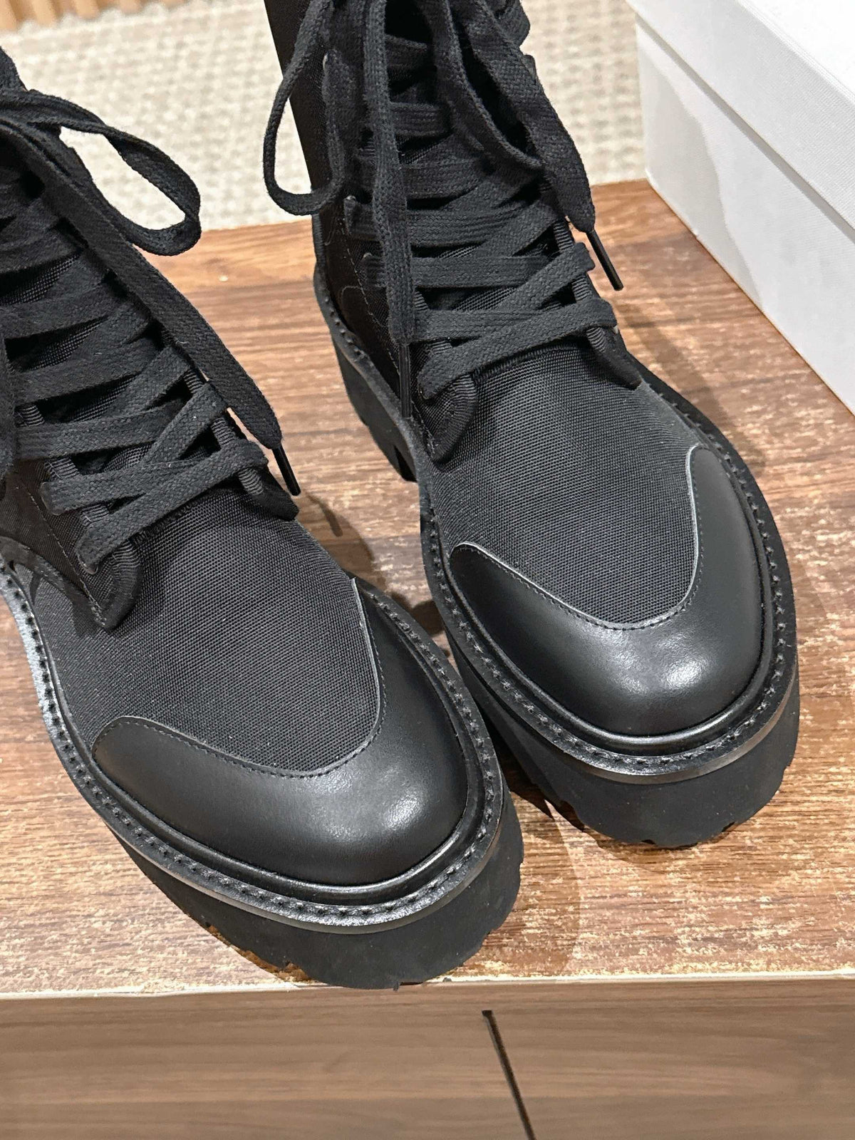 Celine 25 Bulky Lace-up Boot Black Canvas Calfskin 554013
