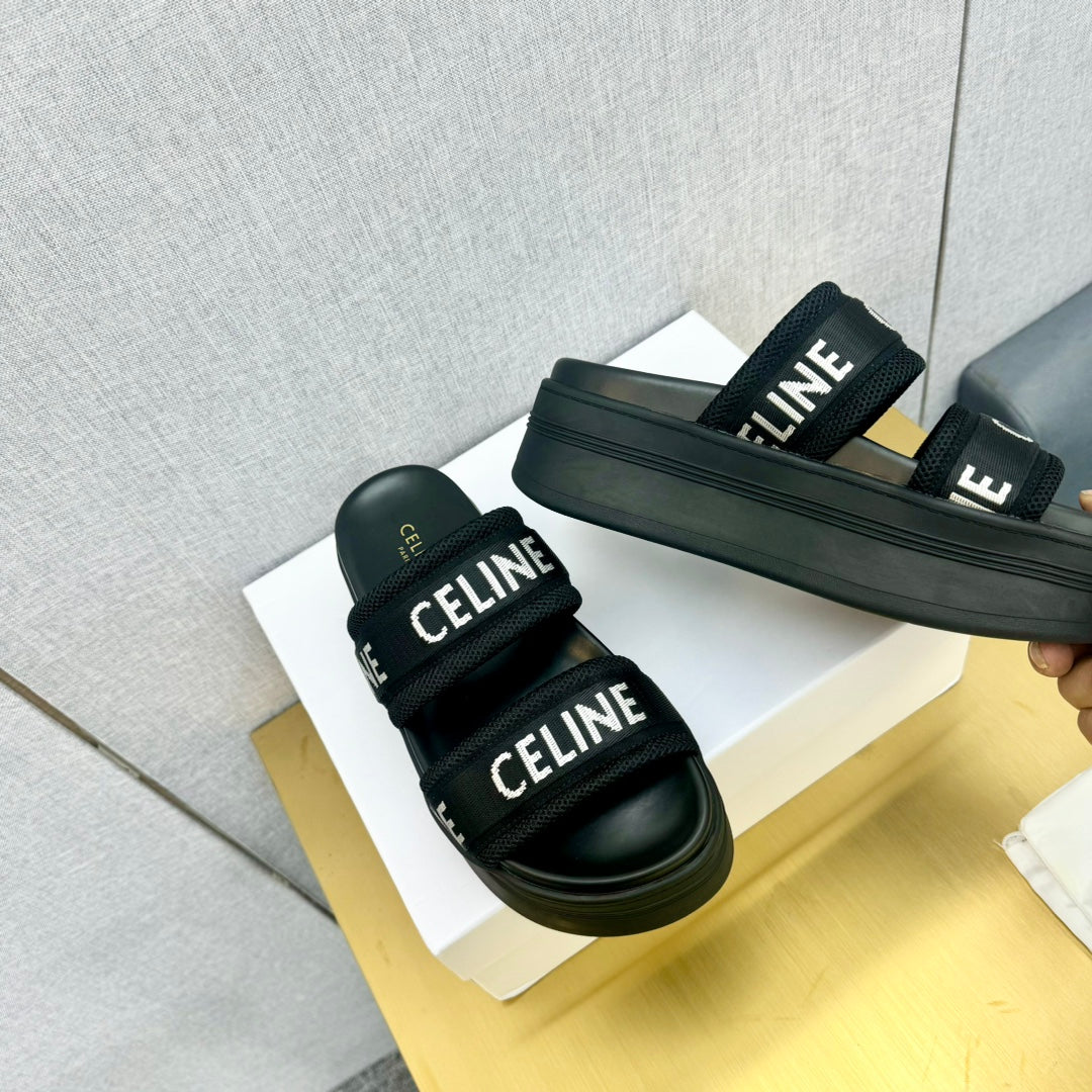 Celine Flatform Dad Sandal Mule Black Fabric with Rubber 238142