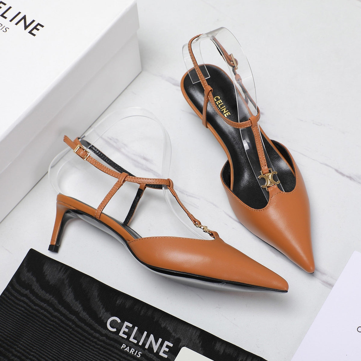 HIGH 5 CM SLINGBACK IN CINNAMON BROWN CALFSKIN WITH GOLD LOGO