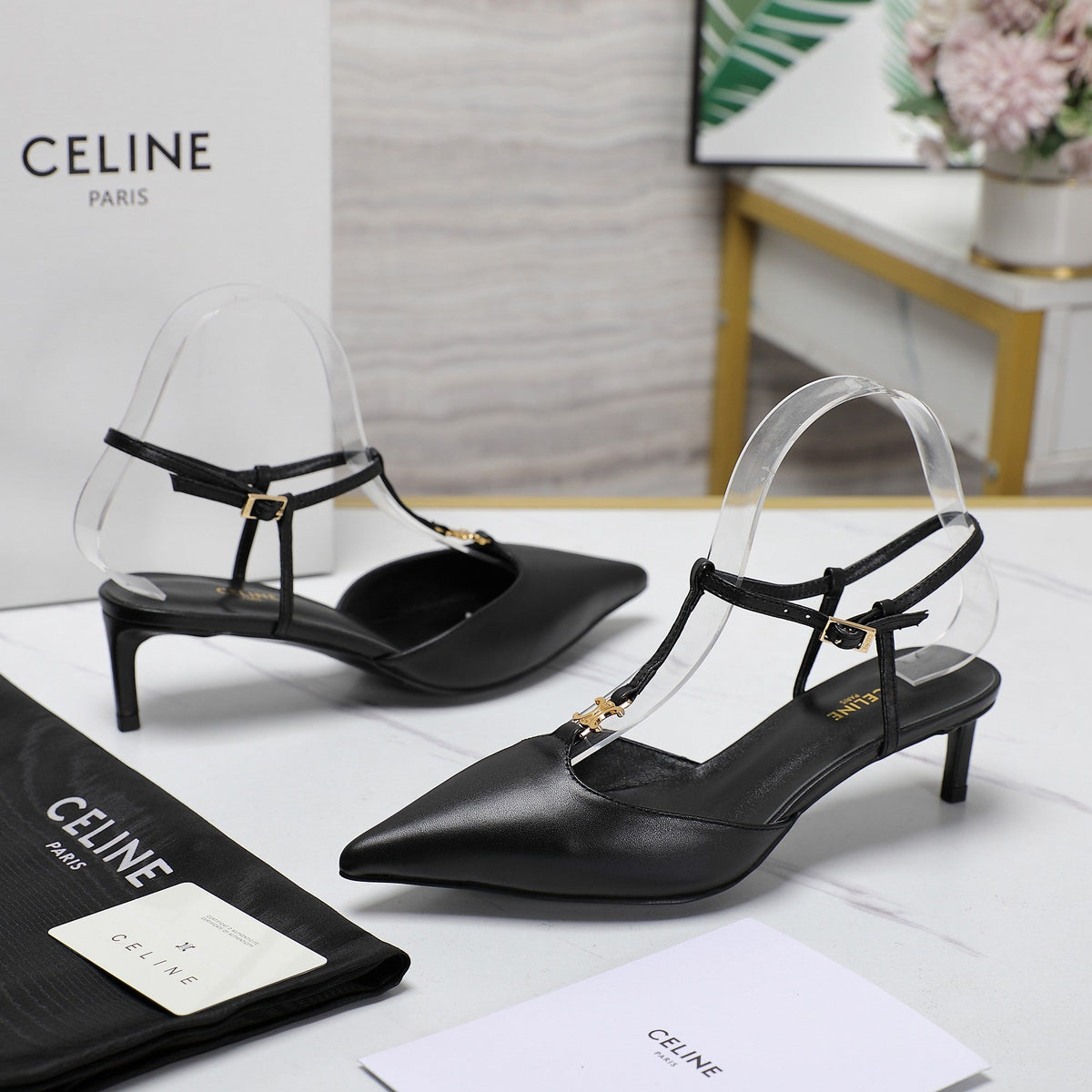 HIGH 5 CM SLINGBACK IN BLACK CALFSKIN WITH GOLD LOGO