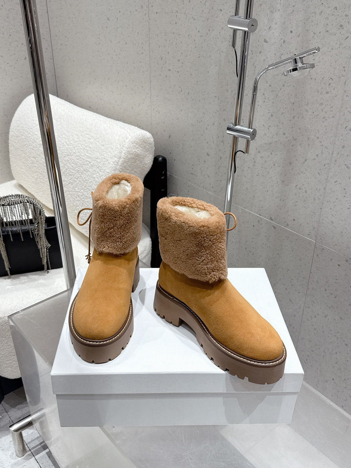 Celine 25 Fur-lined Ankle Boot Tan Suede Wool 554185