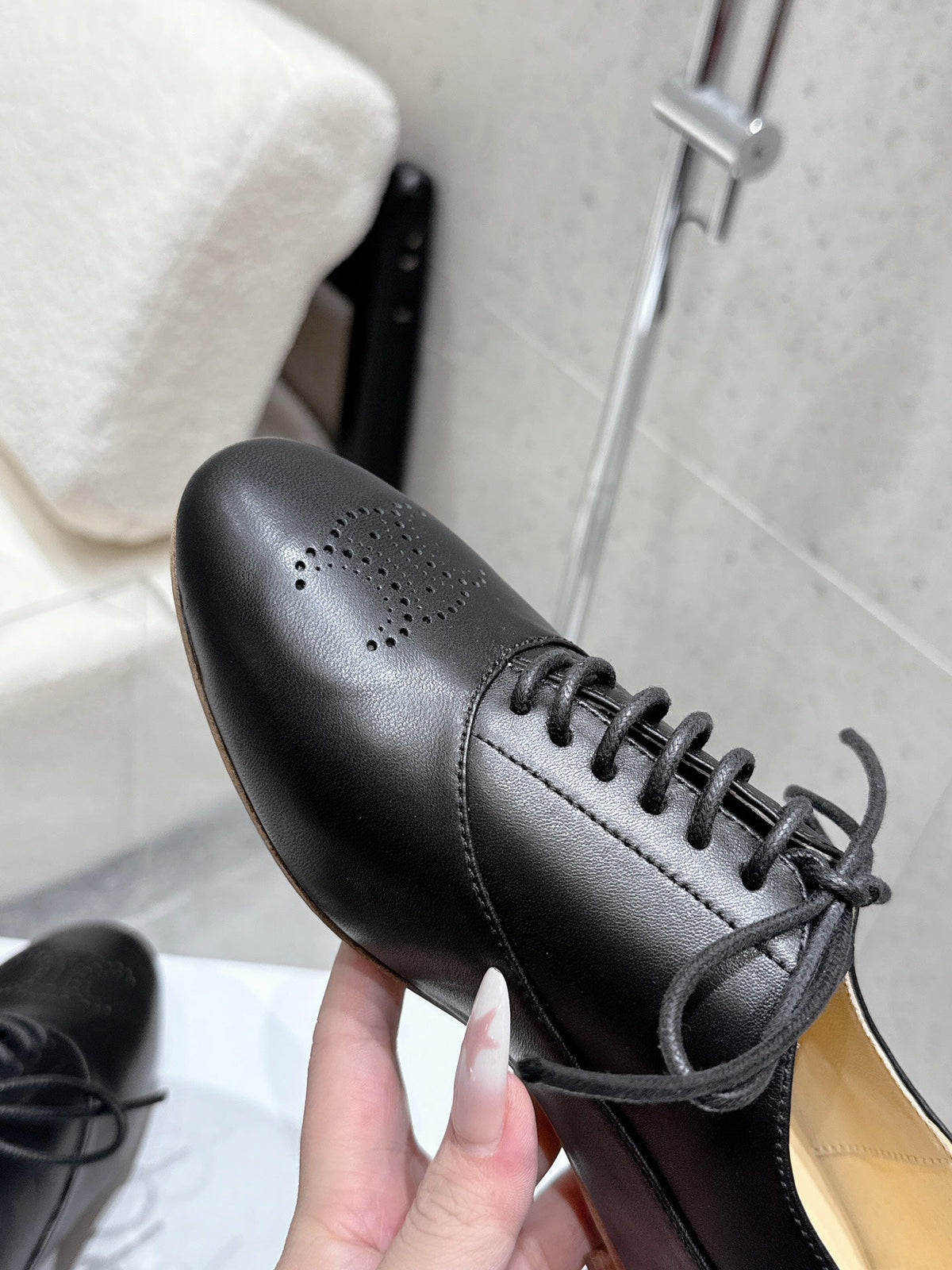 Celine 25 Lise Perforated Triomphe Richelieu Shoe Black Lambskin 554195