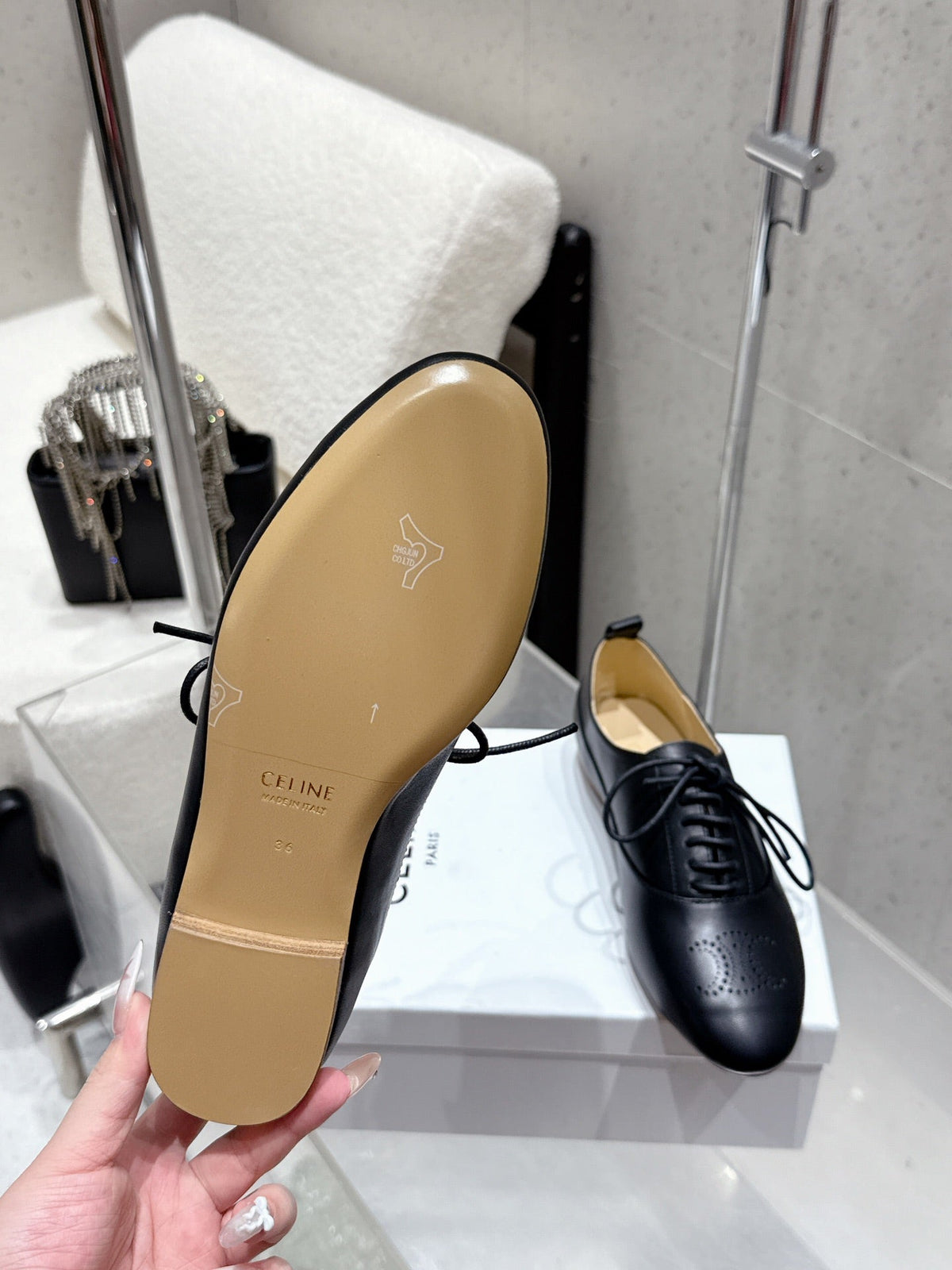 Celine 25 Lise Perforated Triomphe Richelieu Shoe Black Lambskin 554195