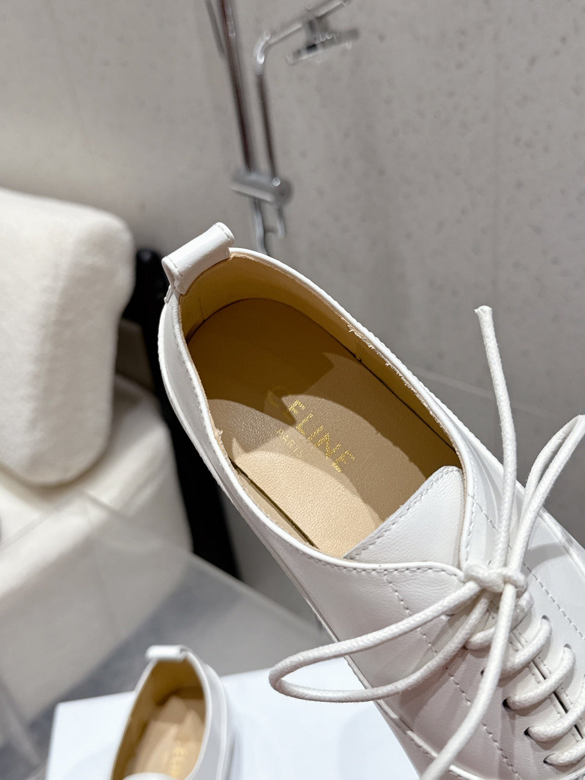 Celine 25 Lise Perforated Triomphe Richelieu Shoe White Lambskin 554196