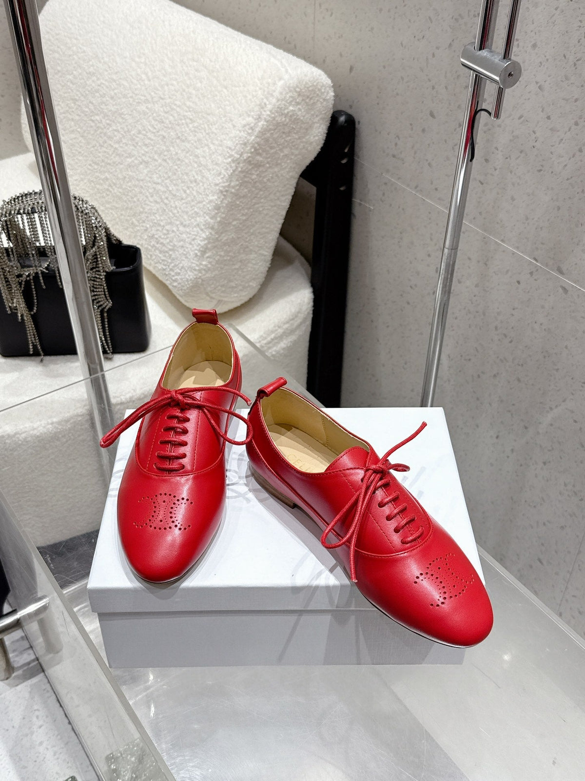 Celine 25 Lise Perforated Triomphe Richelieu Shoe Red Lambskin 554197