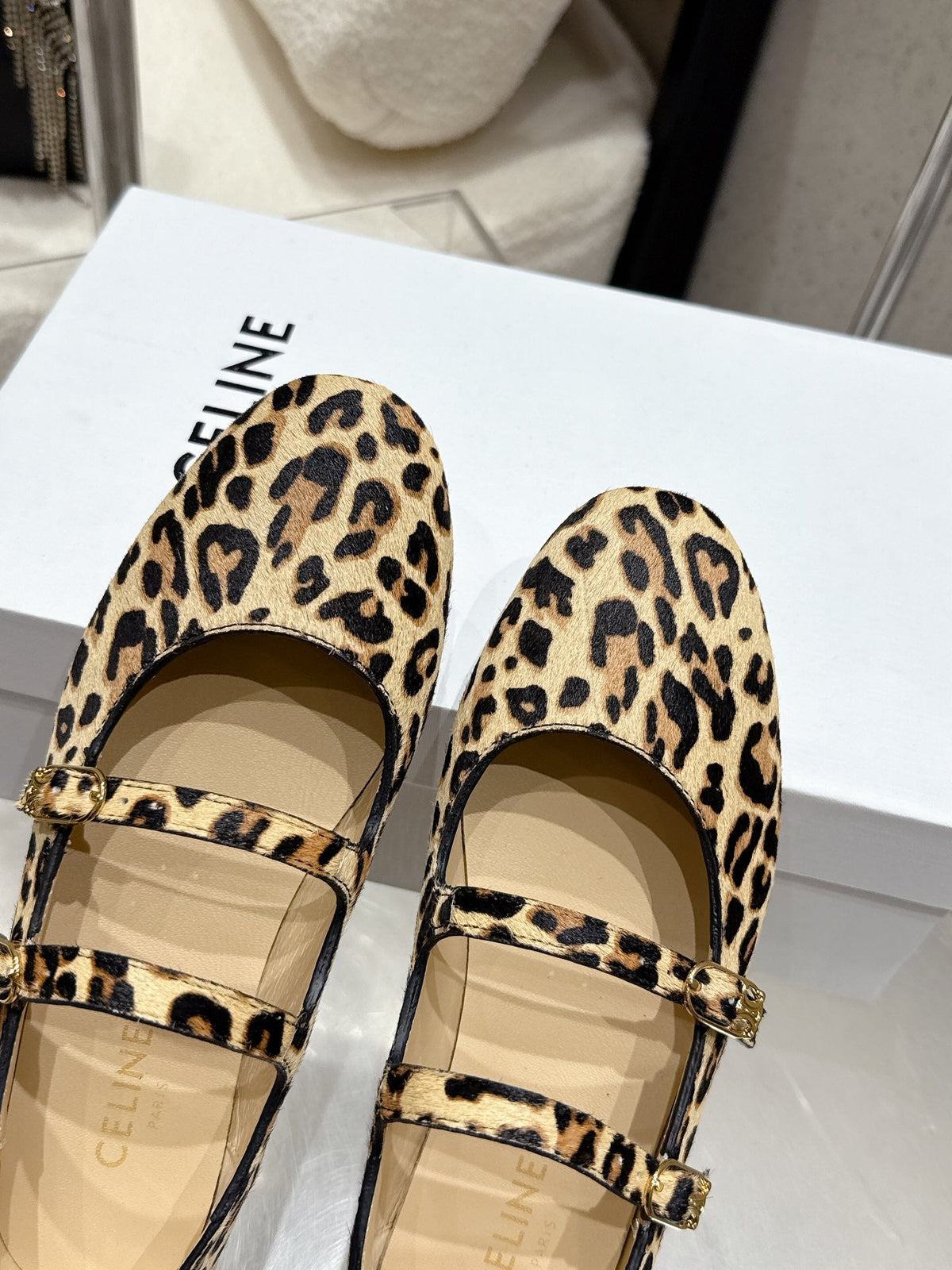 Celine 25 Ballet Flat Leopard Pony Hair mix Cowhide 554201