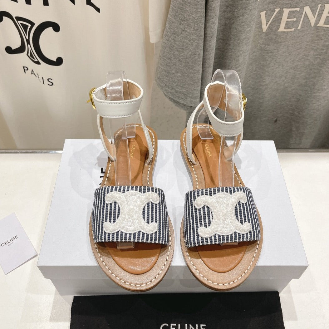 LYMPIA SANDAL IN TRIOMPHE MACCRAMÉ COTTON & CALFSKIN OFF WHITE / NAVY