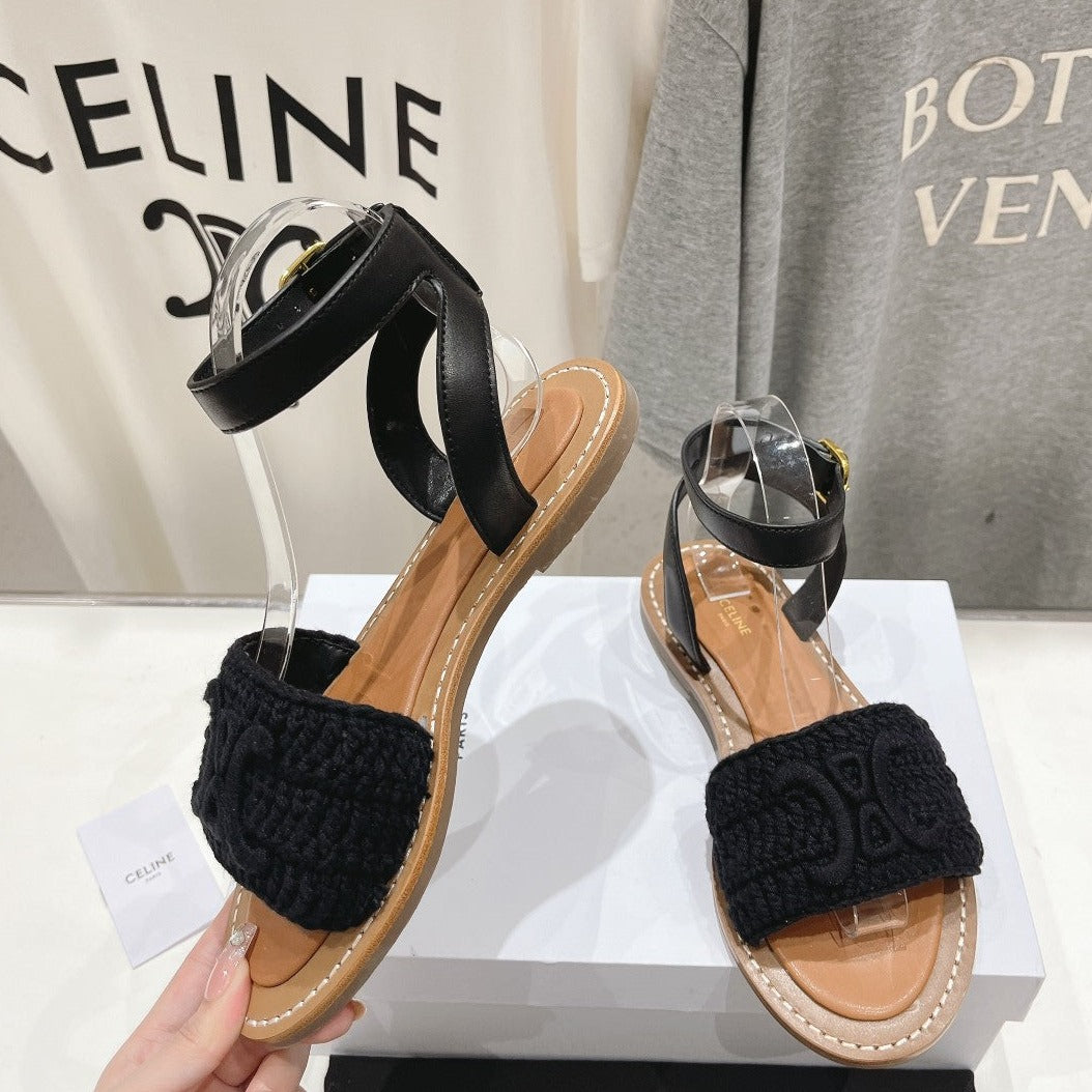 LYMPIA SANDAL IN TRIOMPHE MACCRAMÉ COTTON & CALFSKIN BLACK