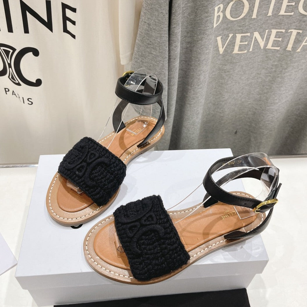 LYMPIA SANDAL IN TRIOMPHE MACCRAMÉ COTTON & CALFSKIN BLACK