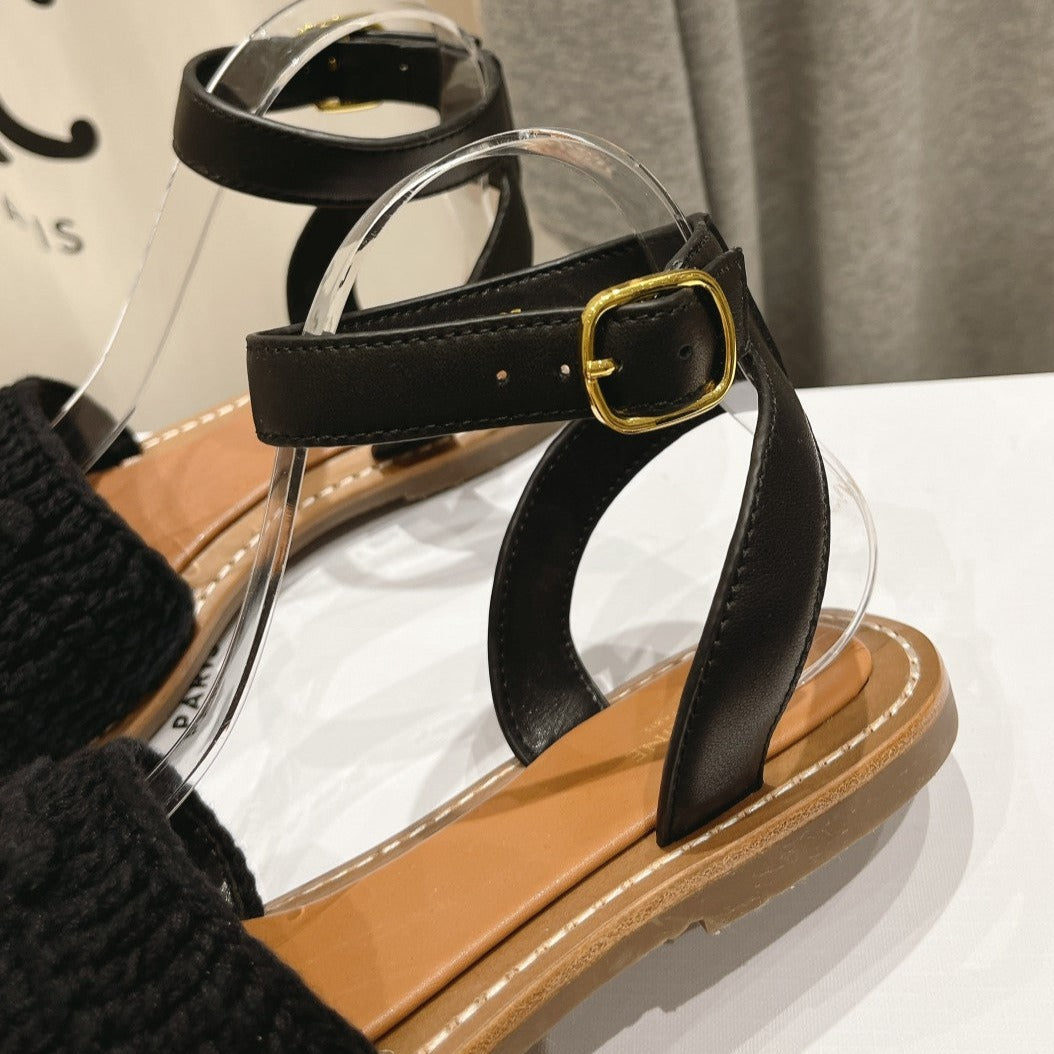 LYMPIA SANDAL IN TRIOMPHE MACCRAMÉ COTTON & CALFSKIN BLACK