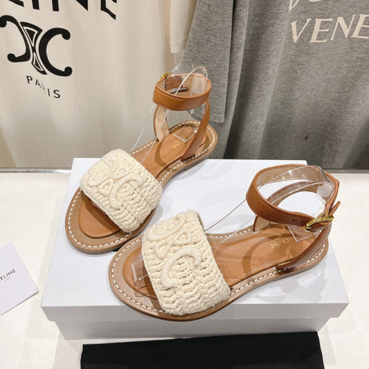 LYMPIA SANDAL IN TRIOMPHE MACCRAMÉ COTTON & CALFSKIN ECRU TAN