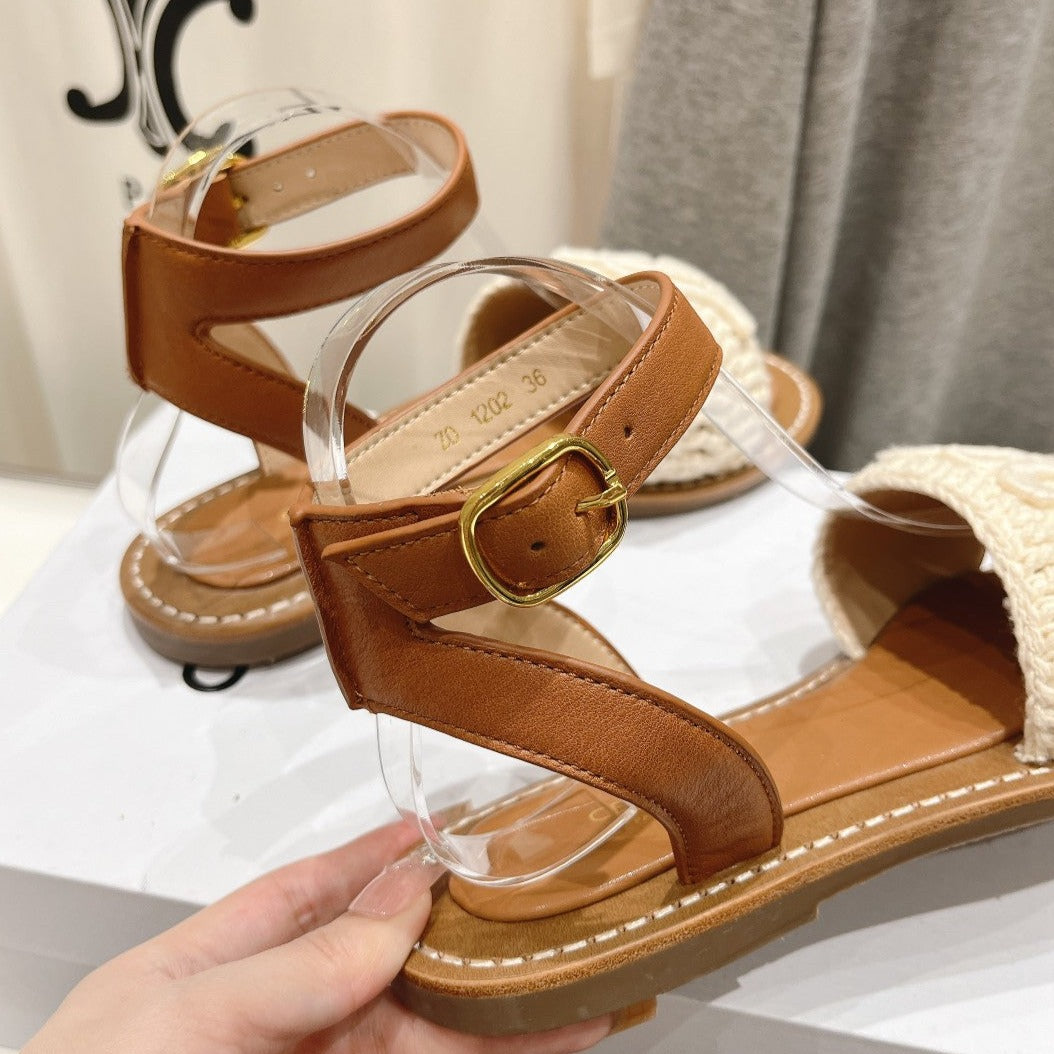 LYMPIA SANDAL IN TRIOMPHE MACCRAMÉ COTTON & CALFSKIN ECRU TAN