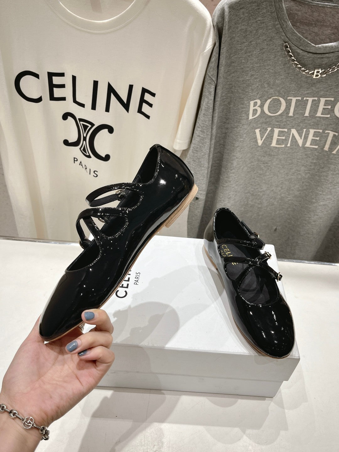 Celin Ballerina Triple Strap Black Patent Calfskin
