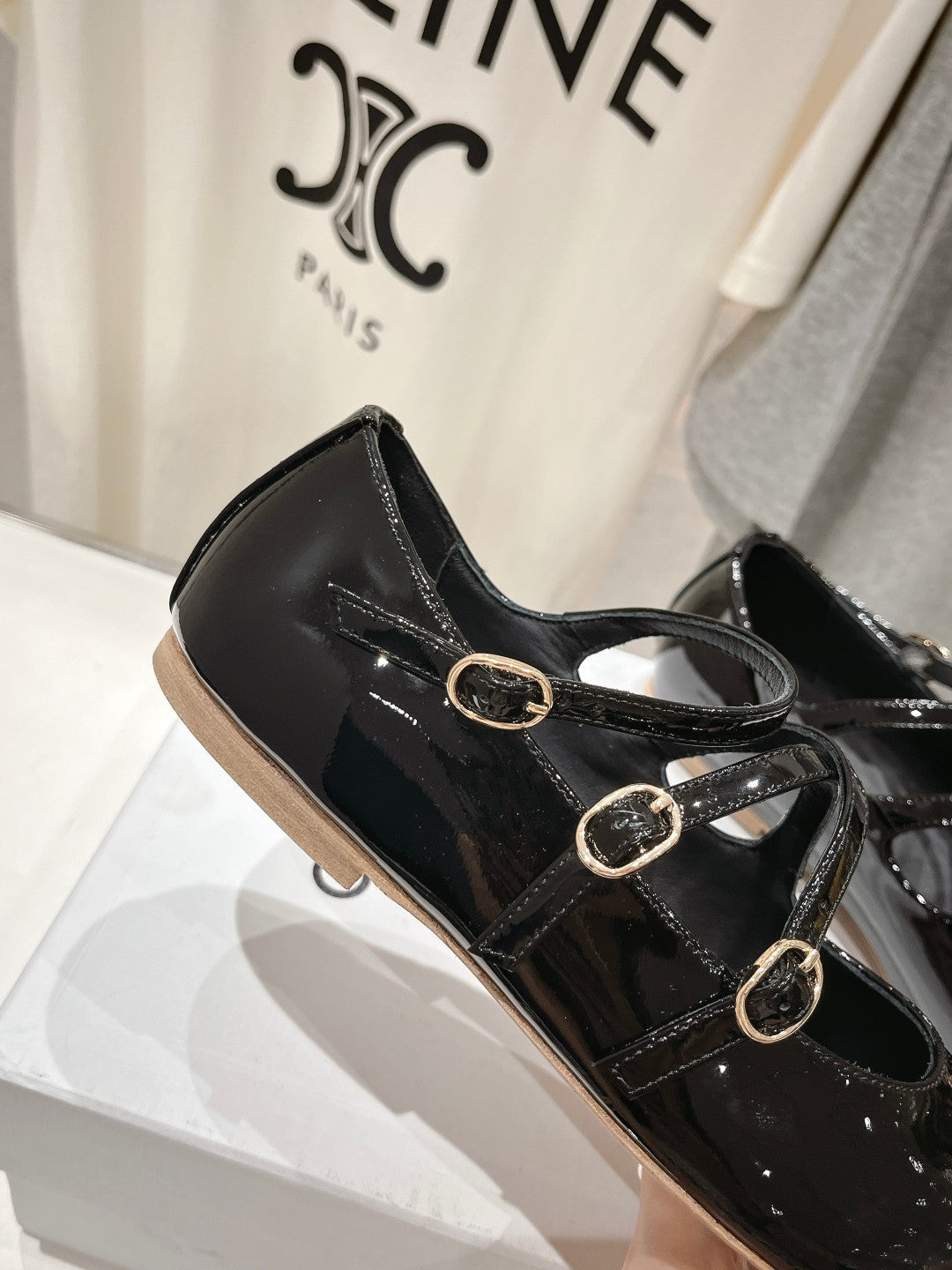 Celin Ballerina Triple Strap Black Patent Calfskin