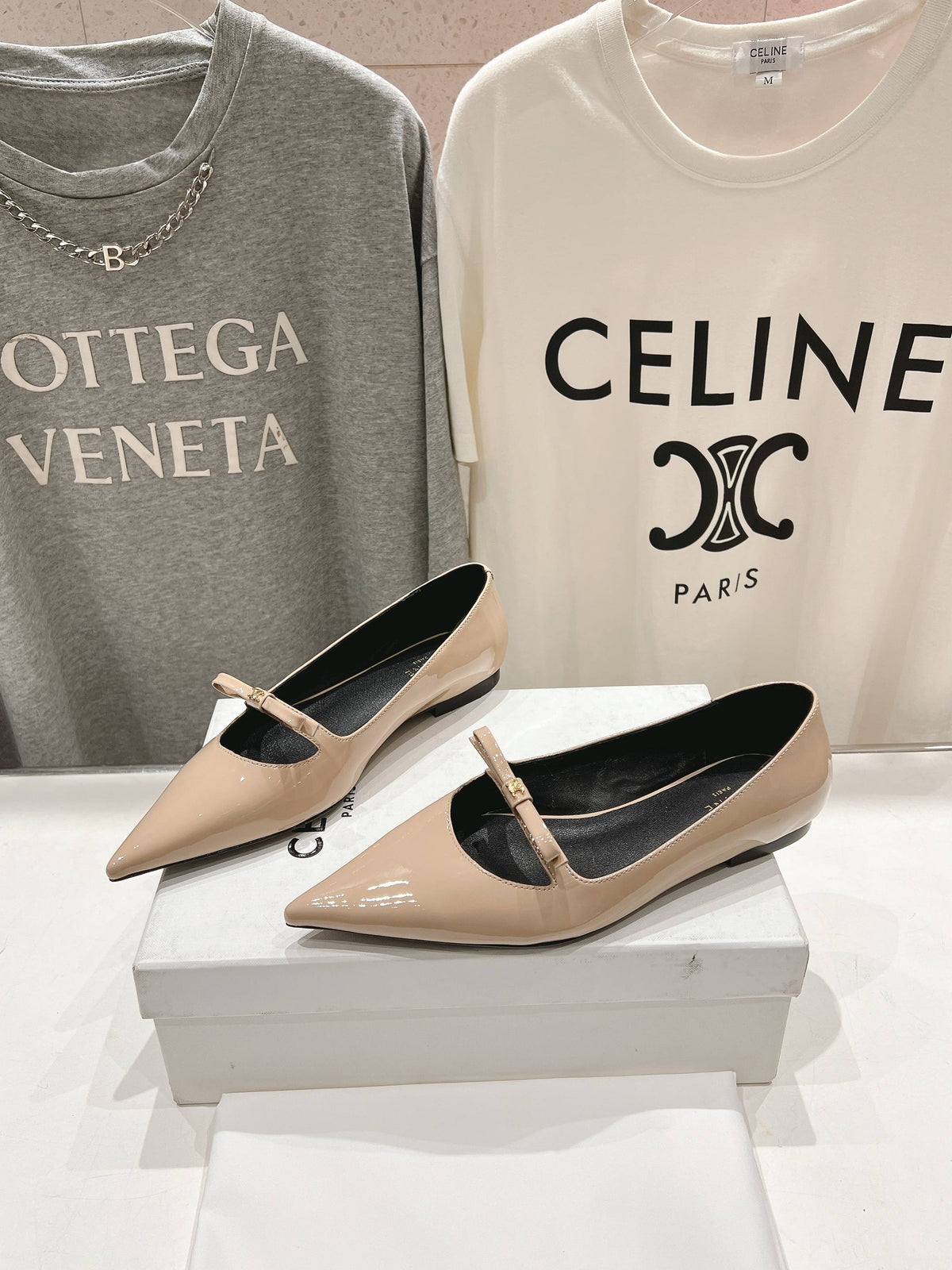 CELINE 25C Ballet Flats Nude Patent Leather 236745