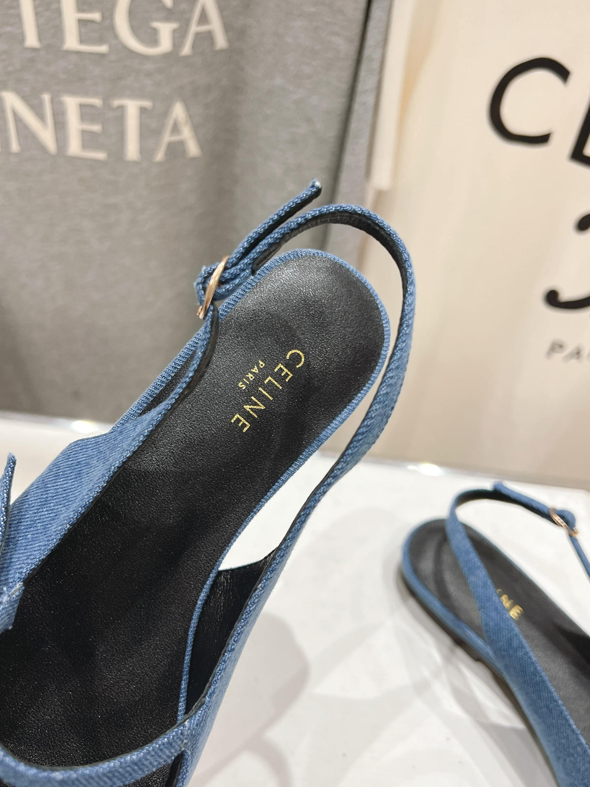 CELINE 25C Slingback Flat Demin Blue Fabric 236746