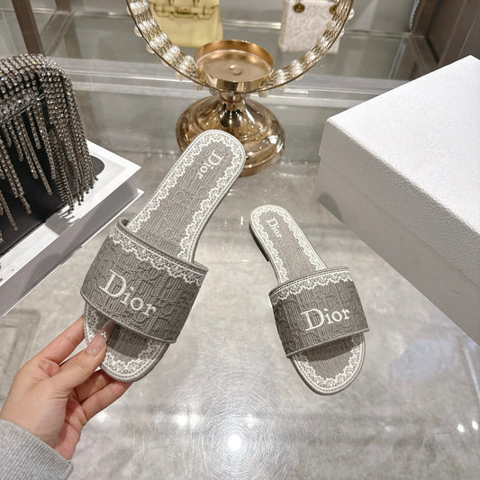 CD 26 Embroidered Sandals Gray White Canvas 592243
