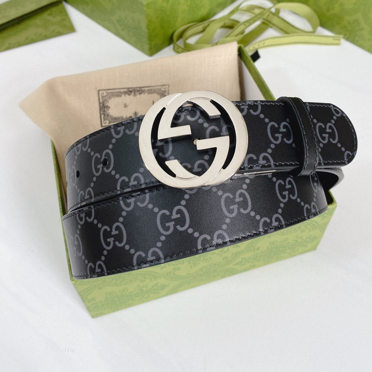 INTERLOCKING G SILVER BUCKLE 38MM BLACK LEAHTER MONOGRAM
