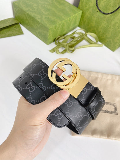 INTERLOCKING G GOLD BUCKLE 38MM BLACK LEAHTER MONOGRAM